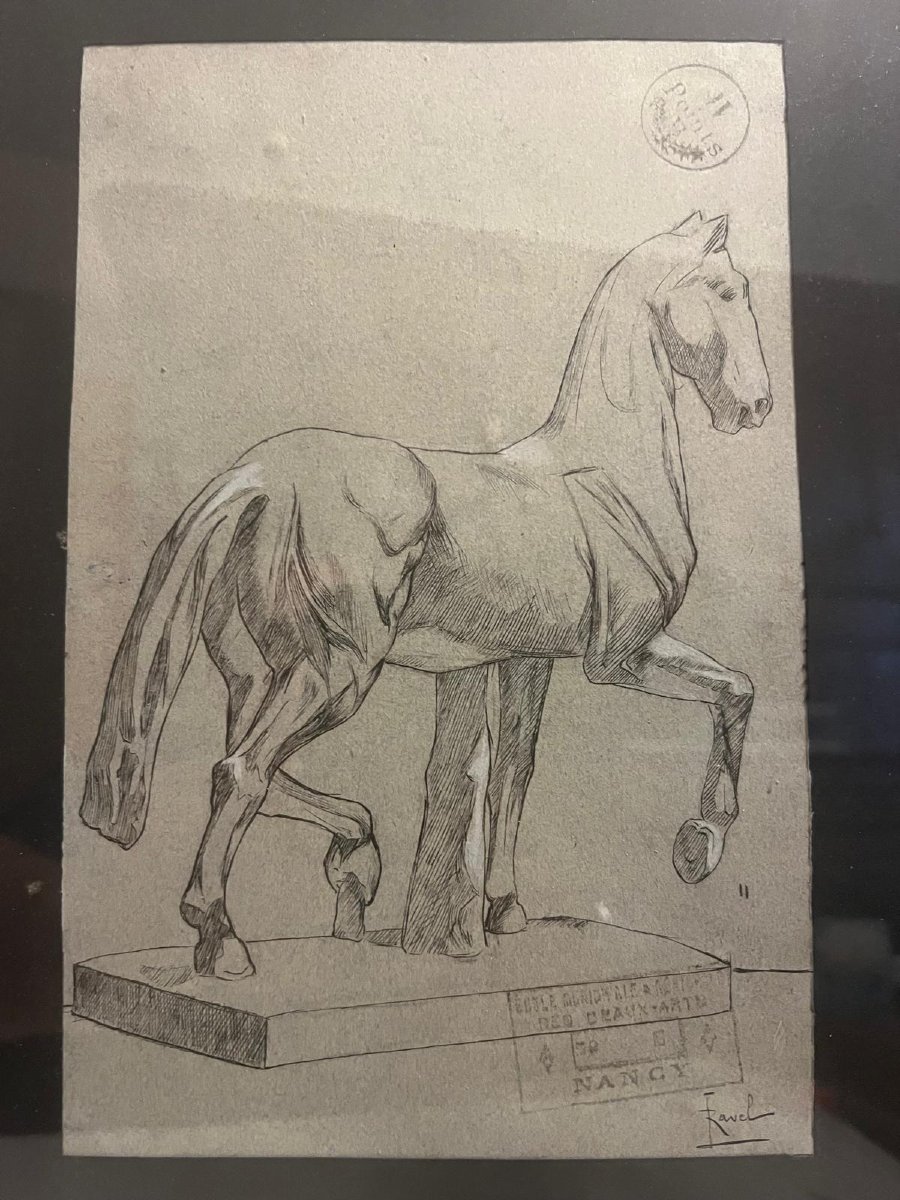 Tableau  cheval  Signé  Ravel ,  Ancre  sur papier. -photo-2