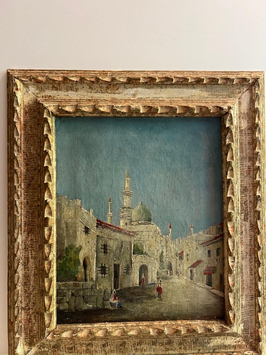Orientalist Painting Signed Illegible Frame Sculpted Wood.-photo-2