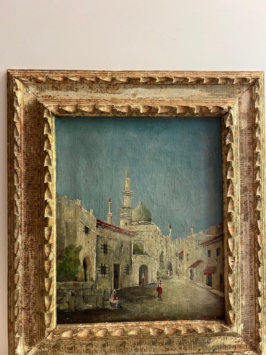Orientalist Painting Signed Illegible Frame Sculpted Wood.