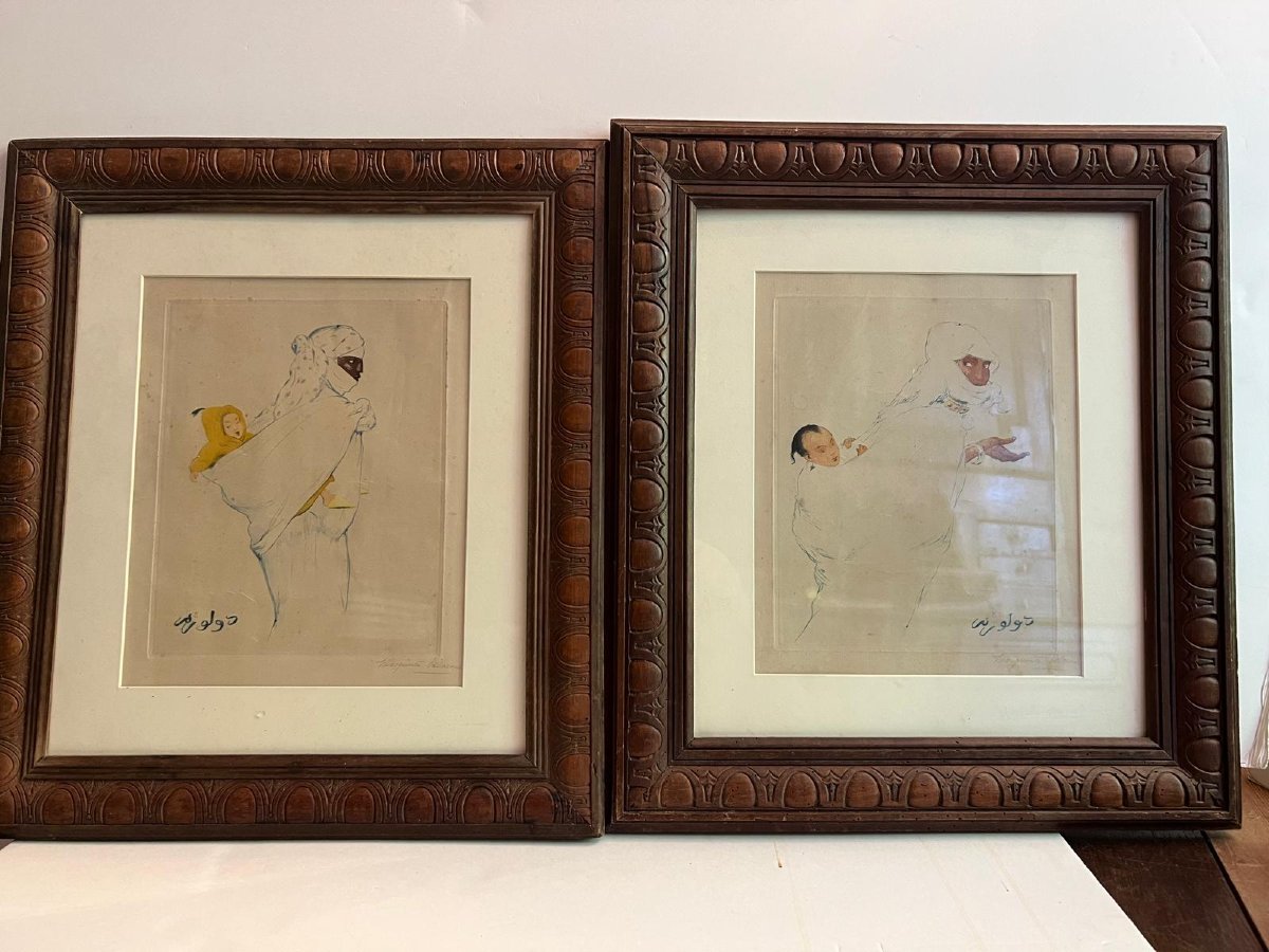 2 Tableaux  Orientaliste Signé Margueritte Delormé  1876-1946, Eau  Forte sur Papier. -photo-4