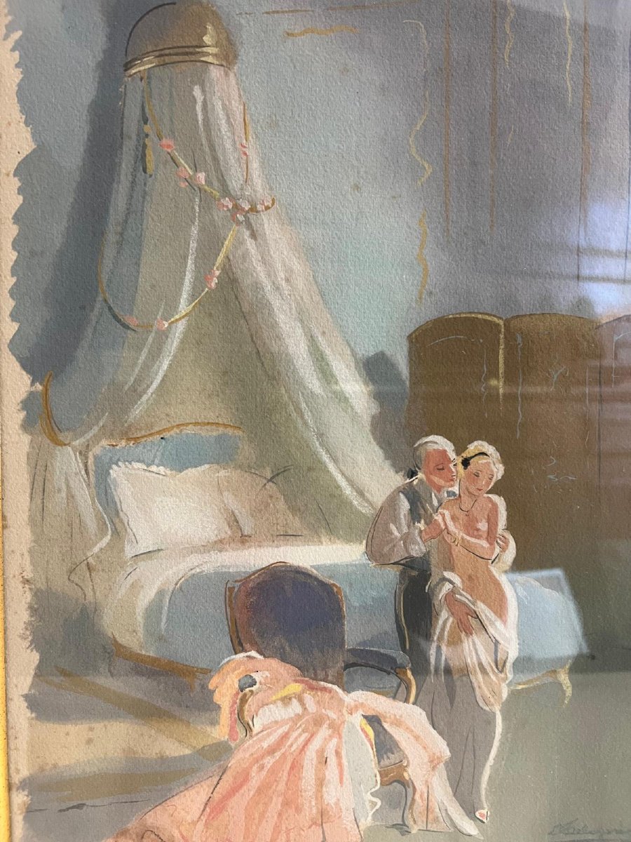 2 Paintings Of Lovers Before And After The Meal, Gouache. -photo-3