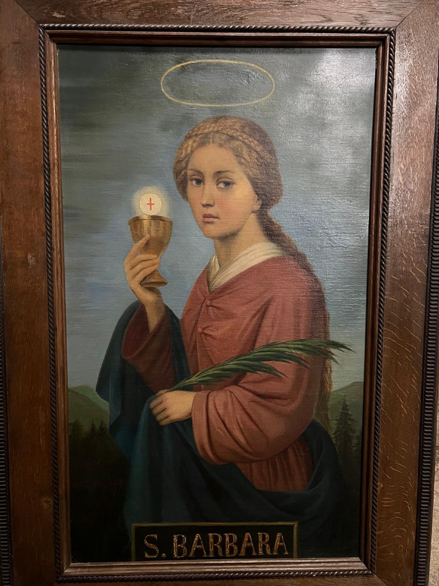 Painting Saint Barbara Signed Peter Baumgras, 1827-1904, United States. 