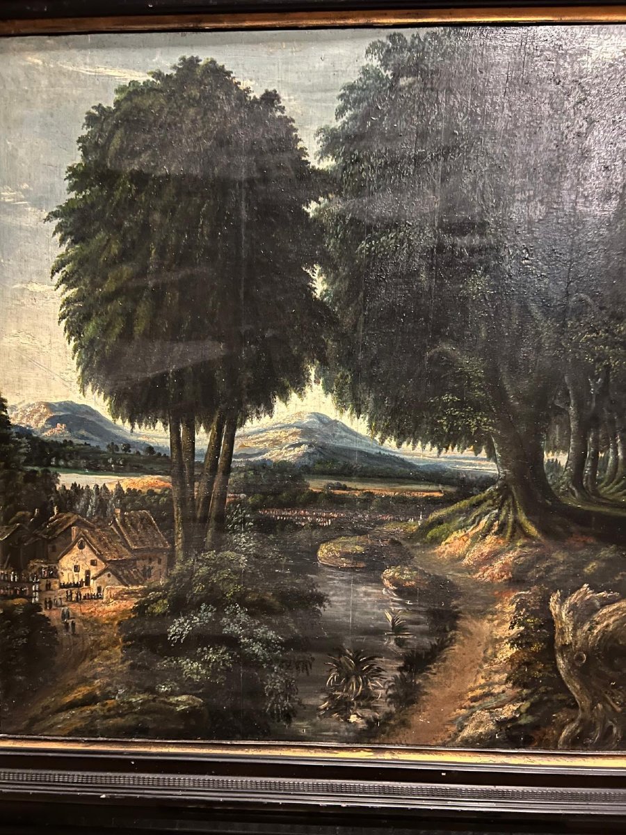 Tableau  Paysage animé,  verso Paysage  Forêt,  Huile sur bois. -photo-2
