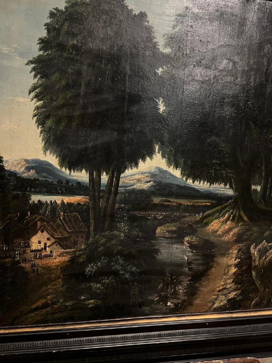Tableau  Paysage animé,  verso Paysage  Forêt,  Huile sur bois. -photo-3