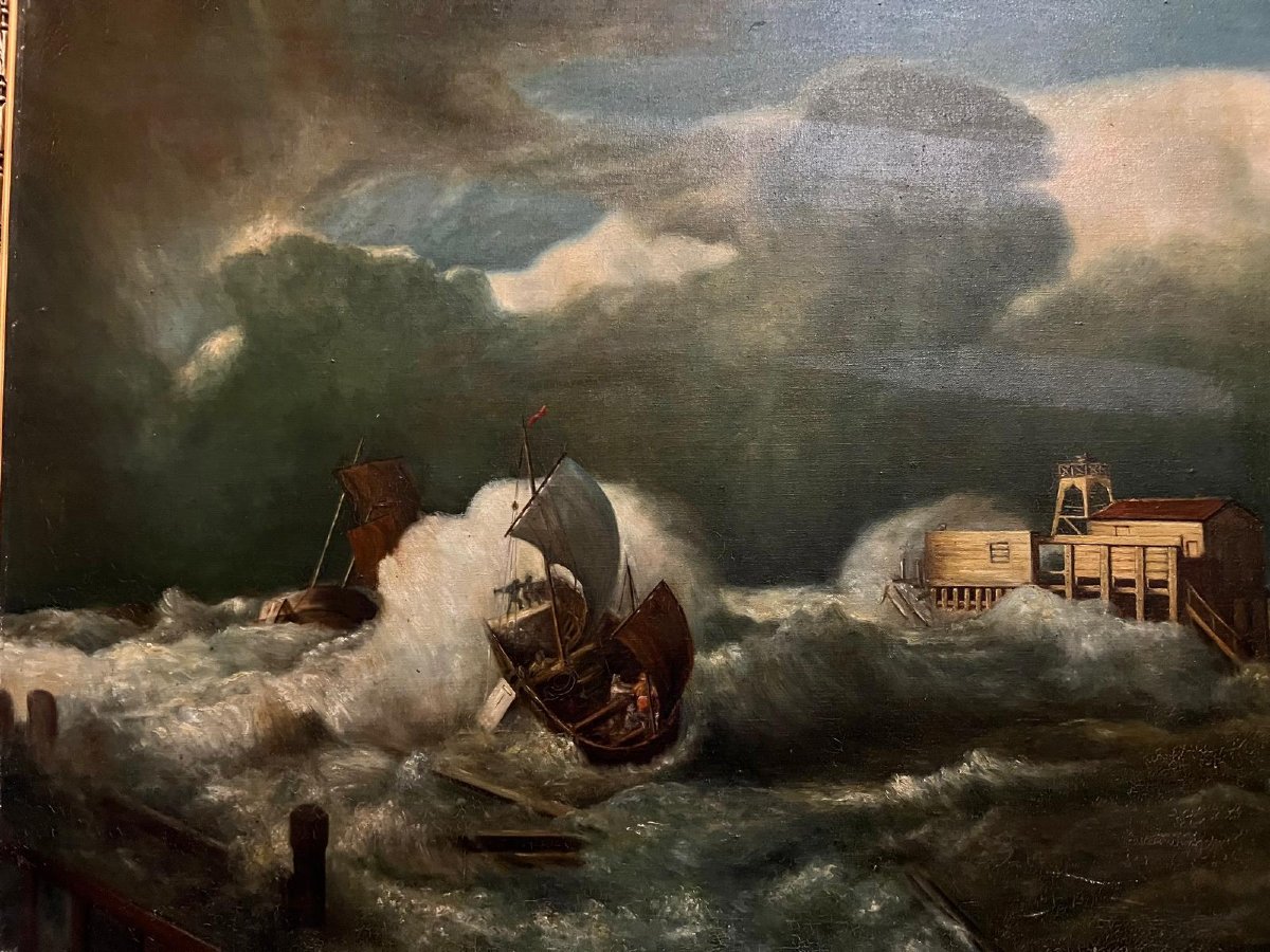 Tableau  Marine  Témpete  XlX ème  Huile sur toile. -photo-1