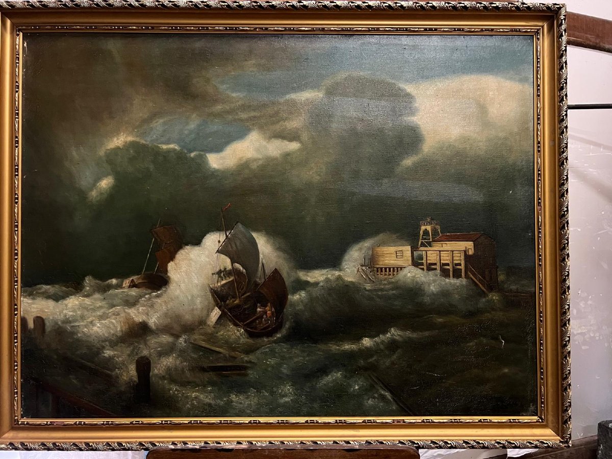 Tableau  Marine  Témpete  XlX ème  Huile sur toile. -photo-2