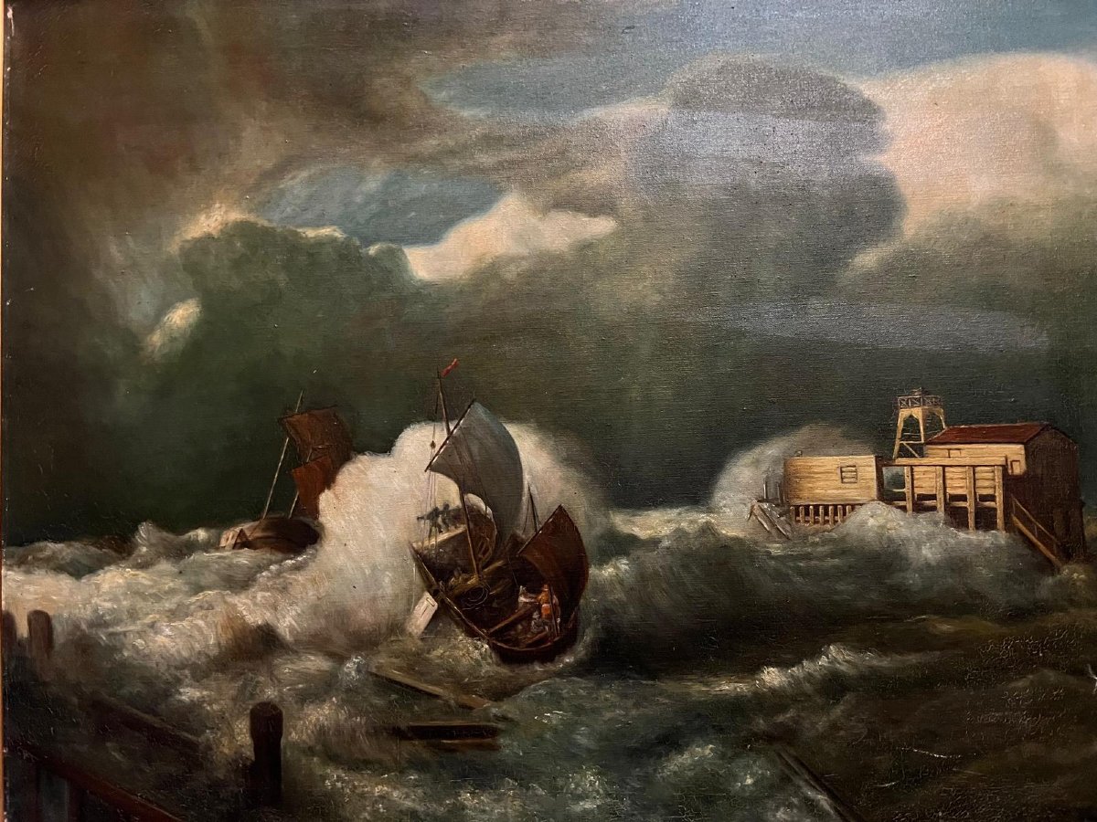 Tableau  Marine  Témpete  XlX ème  Huile sur toile. -photo-3