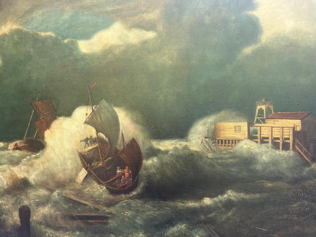 Tableau  Marine  Témpete  XlX ème  Huile sur toile. -photo-4