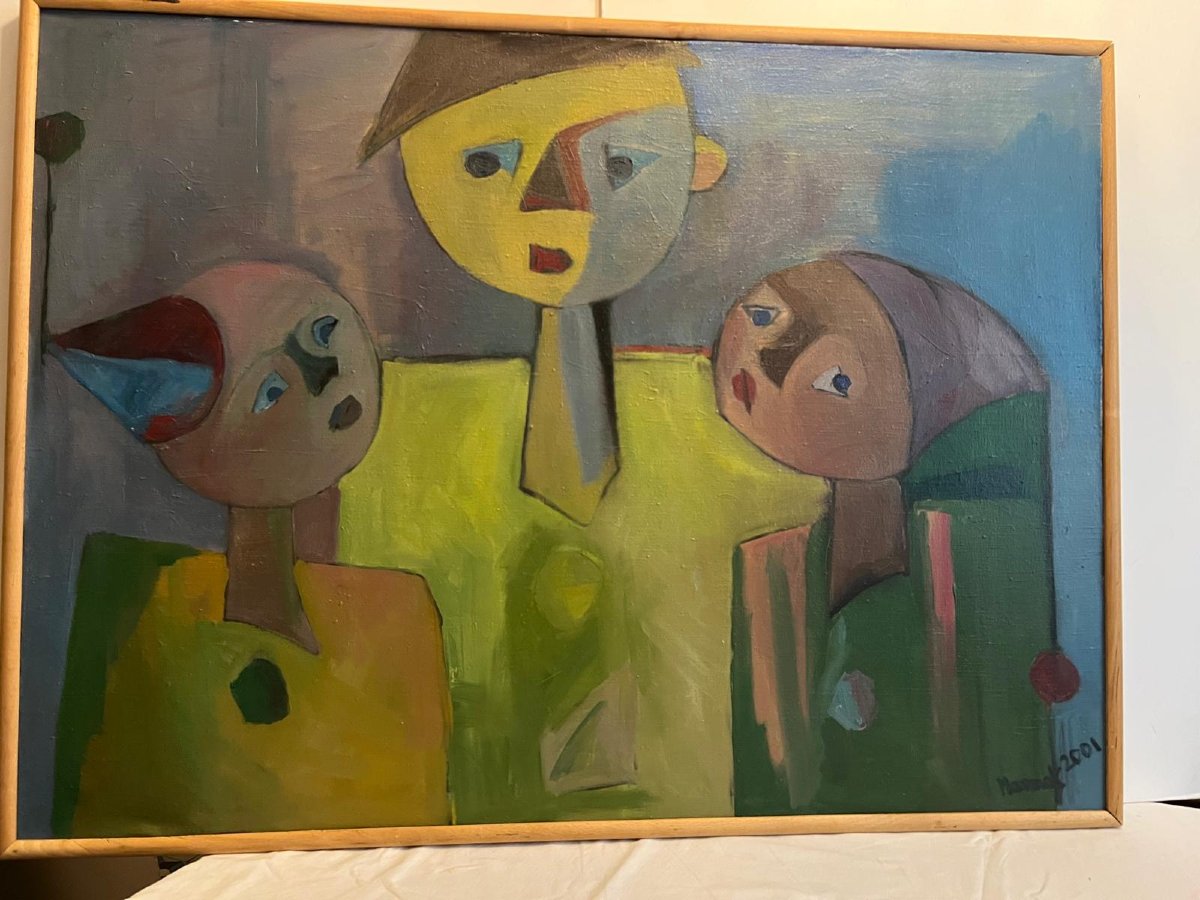Tableau  3  Enfants  Signé  Polonais  Andrzey  Mamak ,  Huile sur toile. -photo-2