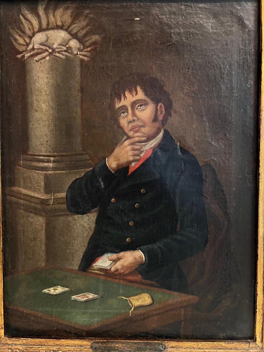 Card Player Painting Signed Plaque Diego Velazquez 1812 Very Restored. -photo-1