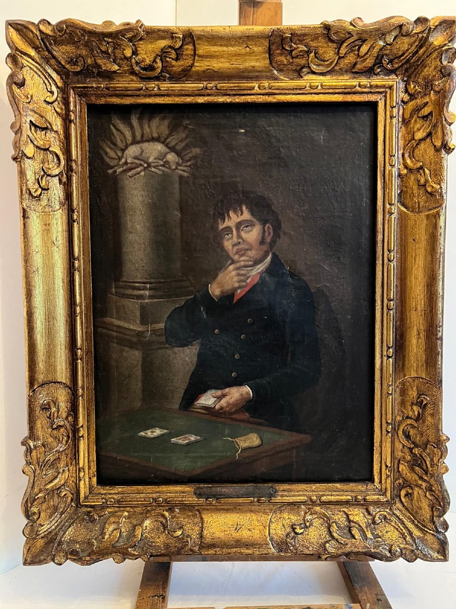 Card Player Painting Signed Plaque Diego Velazquez 1812 Very Restored. -photo-2