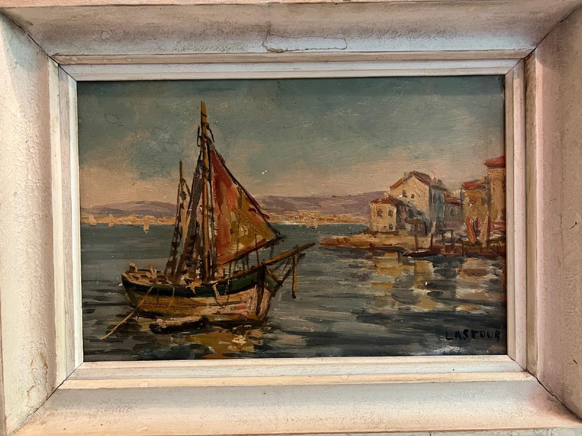 Tableau Paysage Bord de Mer Voiliers Signé Lastour Huile sur carton. -photo-4
