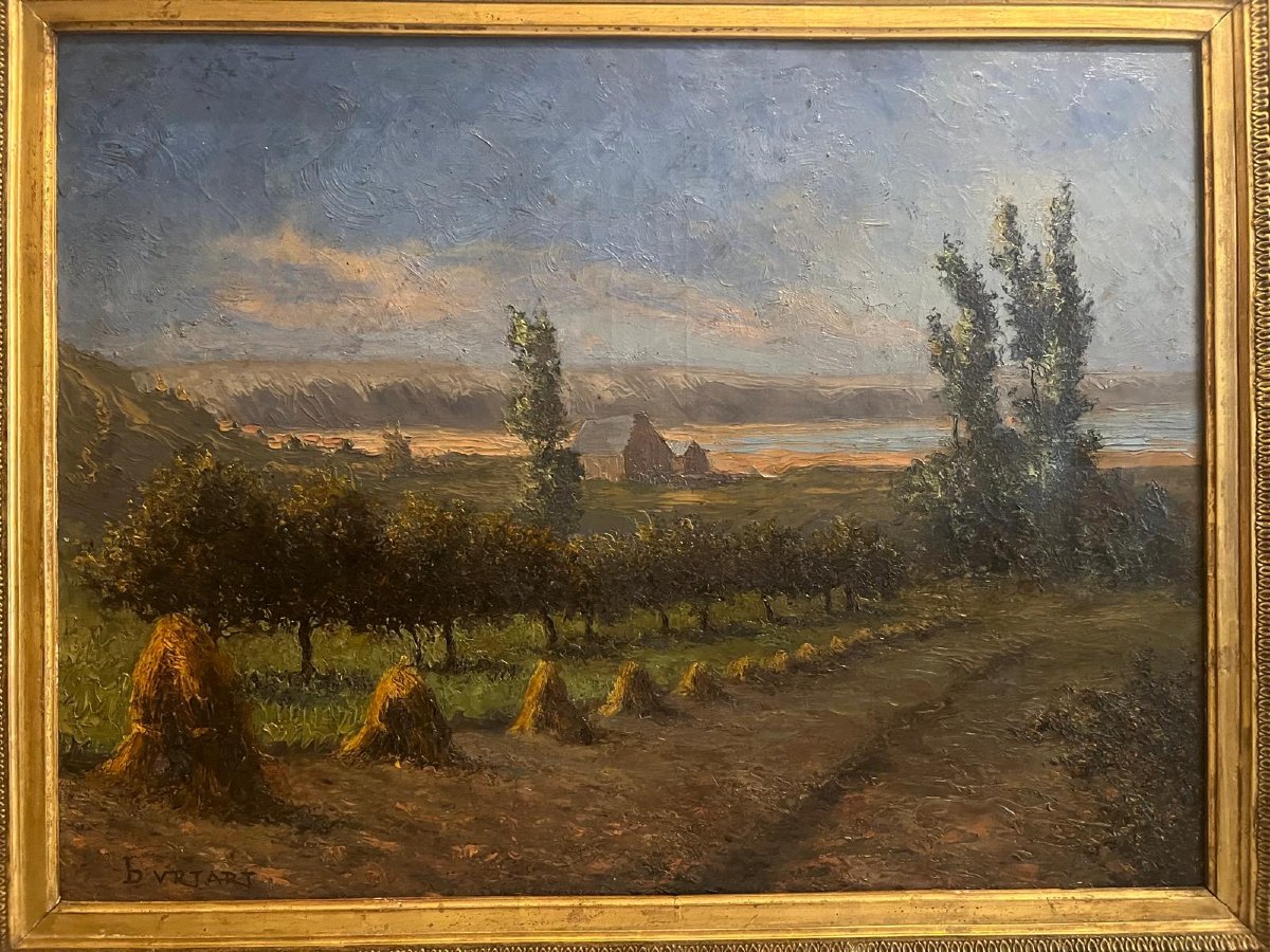 Tableau  Paysage  de  campagne Signé Illisible. -photo-2