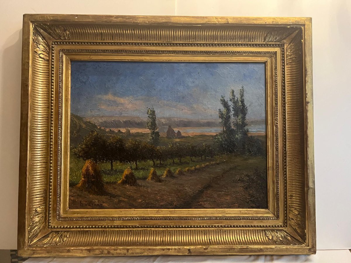 Tableau  Paysage  de  campagne Signé Illisible. -photo-3