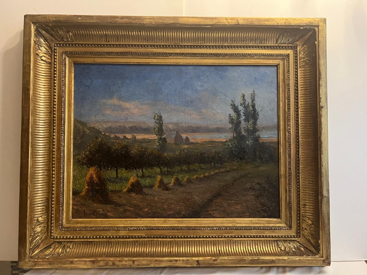 Tableau  Paysage  de  campagne Signé Illisible. 