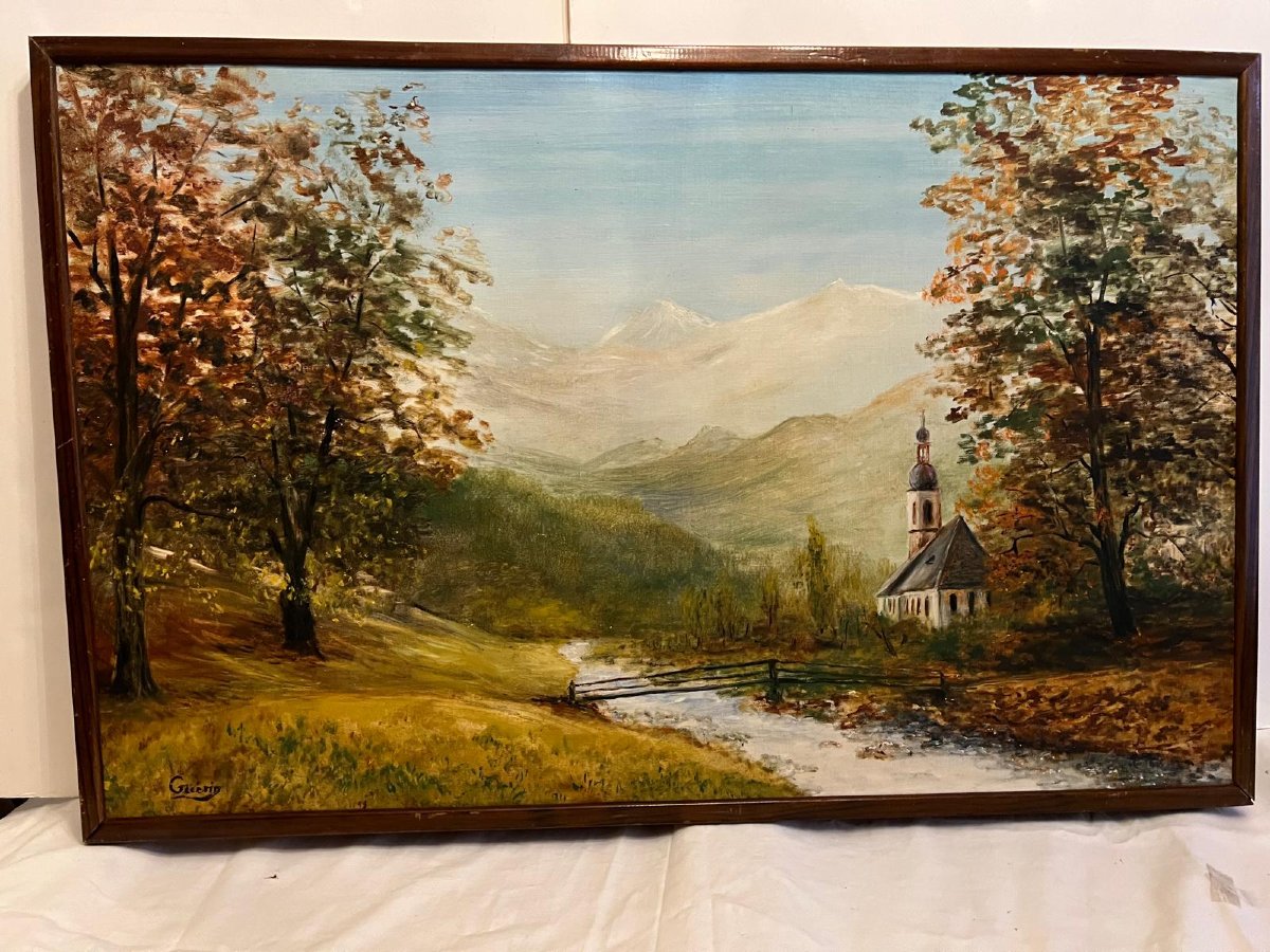 Painting Signed Guérin Landscape Stream Church Mountains. -photo-3