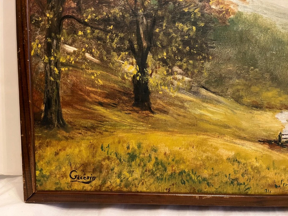 Painting Signed Guérin Landscape Stream Church Mountains. -photo-4