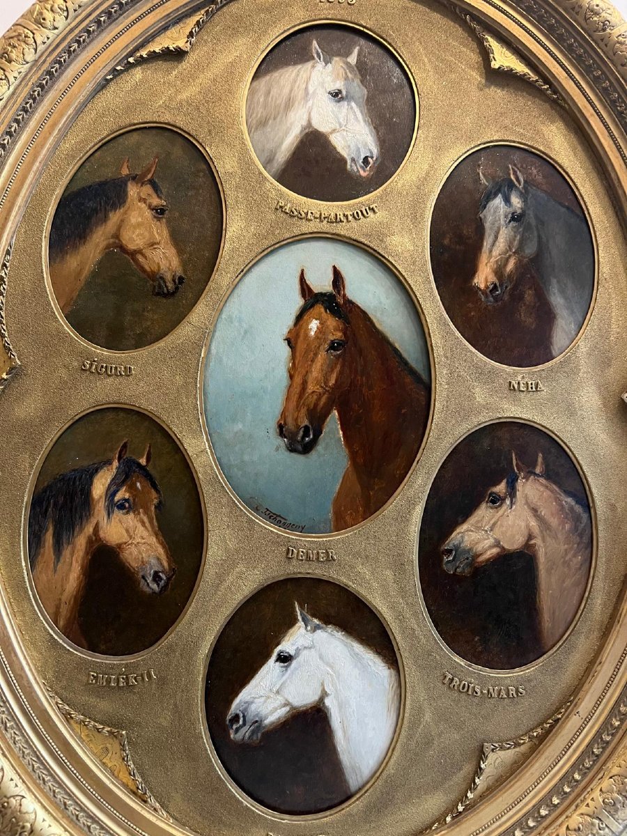 Tableau Portraits de chevaux Signé bas Droit Charles Philogene Tschaggeny  1815-1894. 7Panneaux-photo-1