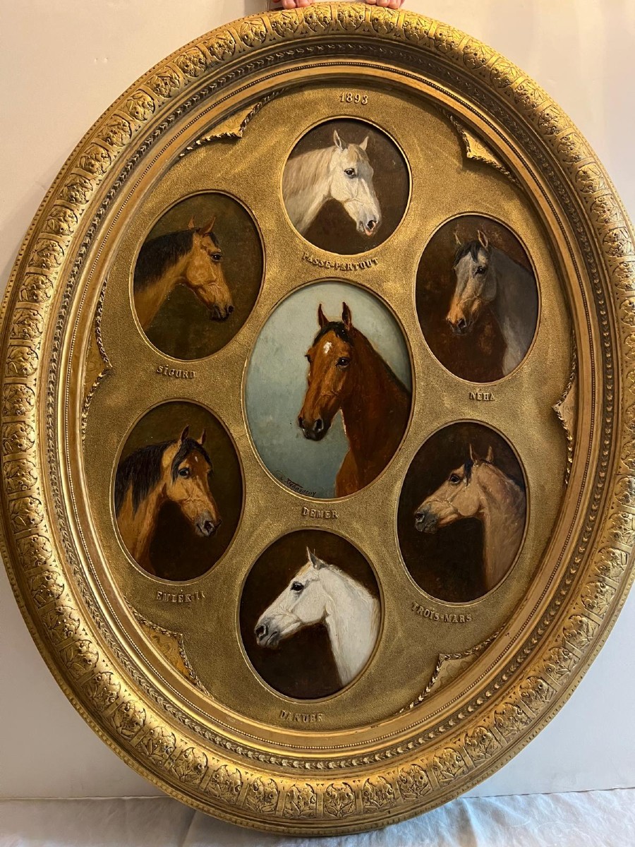 Tableau Portraits de chevaux Signé bas Droit Charles Philogene Tschaggeny  1815-1894. 7Panneaux
