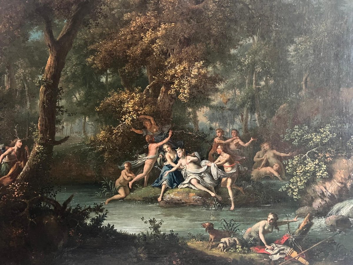 French School Painting 18th Century Diana At The Bath Period Frame -photo-3