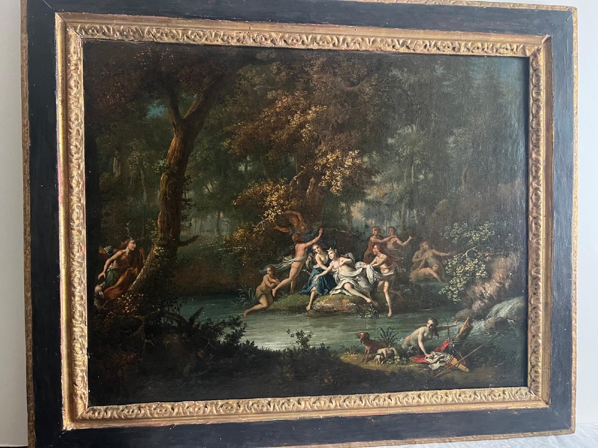 French School Painting 18th Century Diana At The Bath Period Frame -photo-1