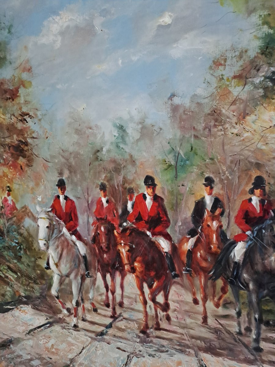 Painting Of A Hunting Court Signed Illegibly Oil On Canvas. -photo-2