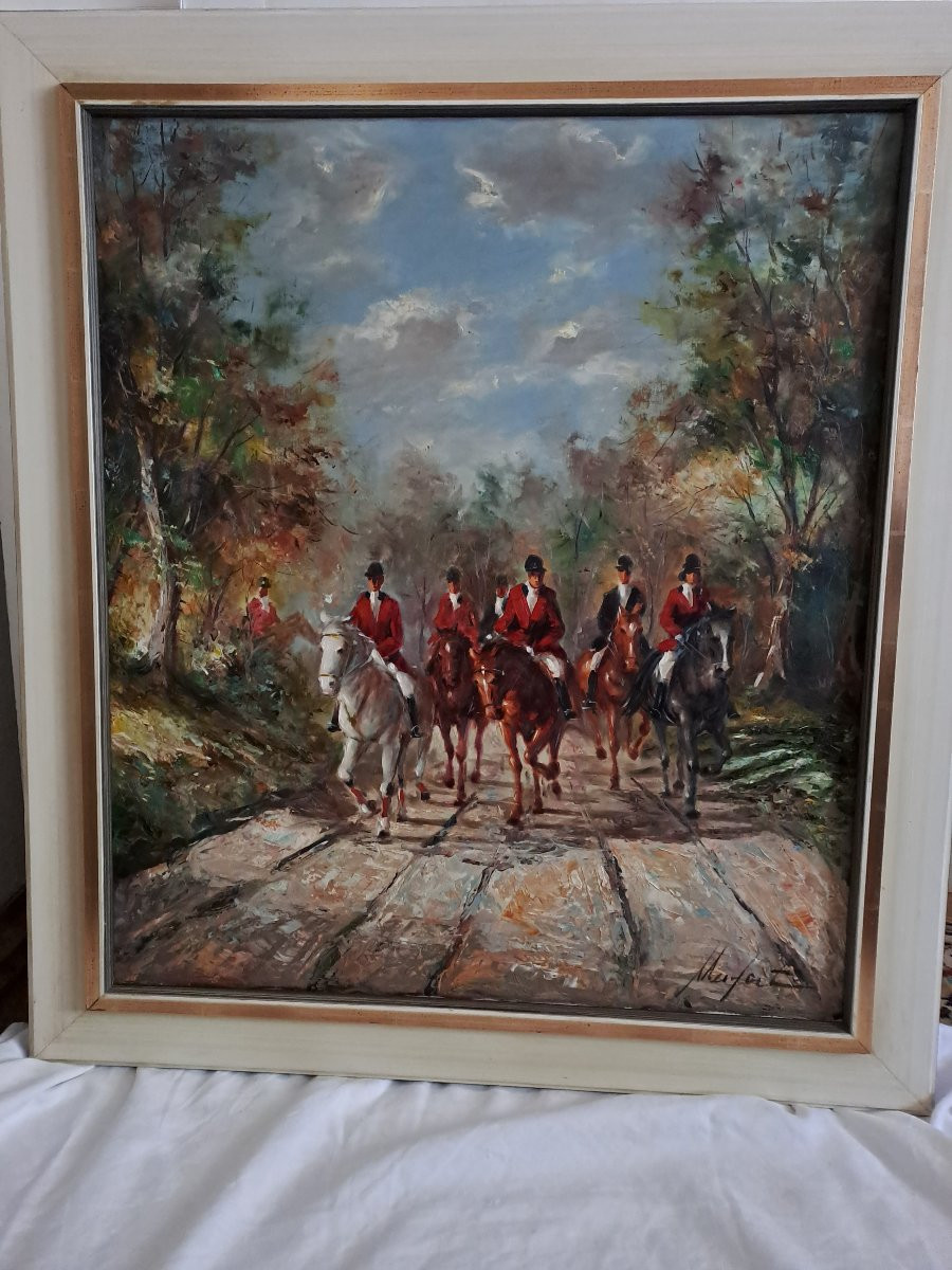 Painting Of A Hunting Court Signed Illegibly Oil On Canvas. -photo-4