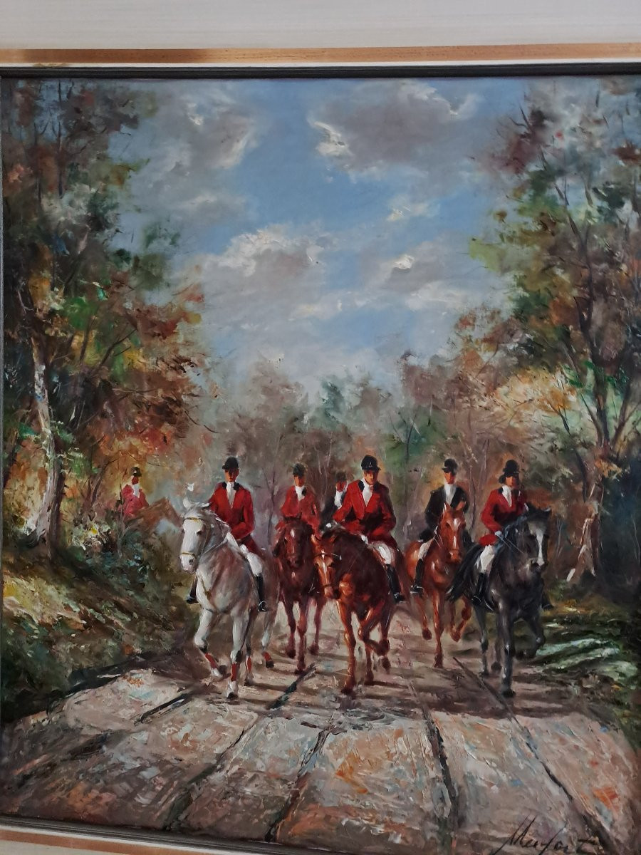 Painting Of A Hunting Court Signed Illegibly Oil On Canvas. -photo-2