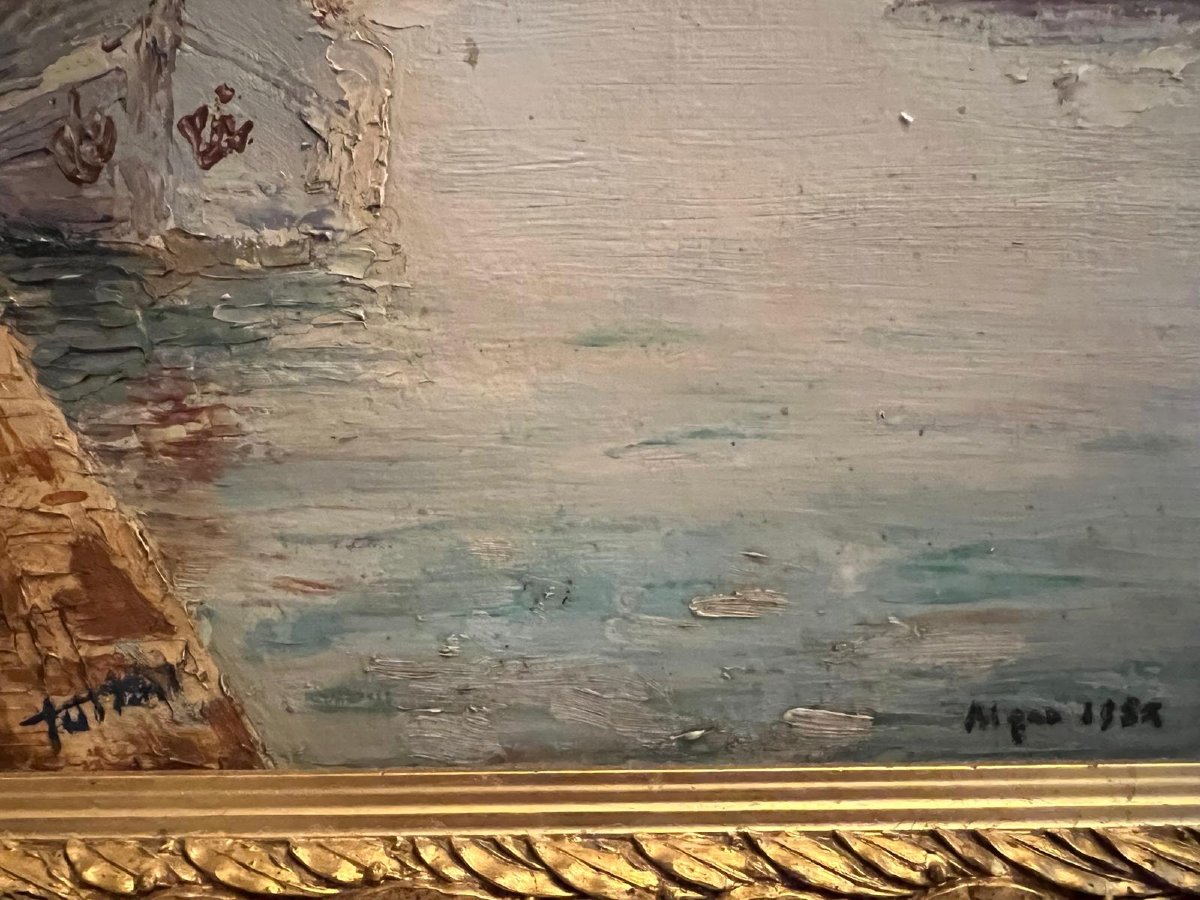 Painting Port Of Algiers Signed Illegible Oil On Cardboard. -photo-3