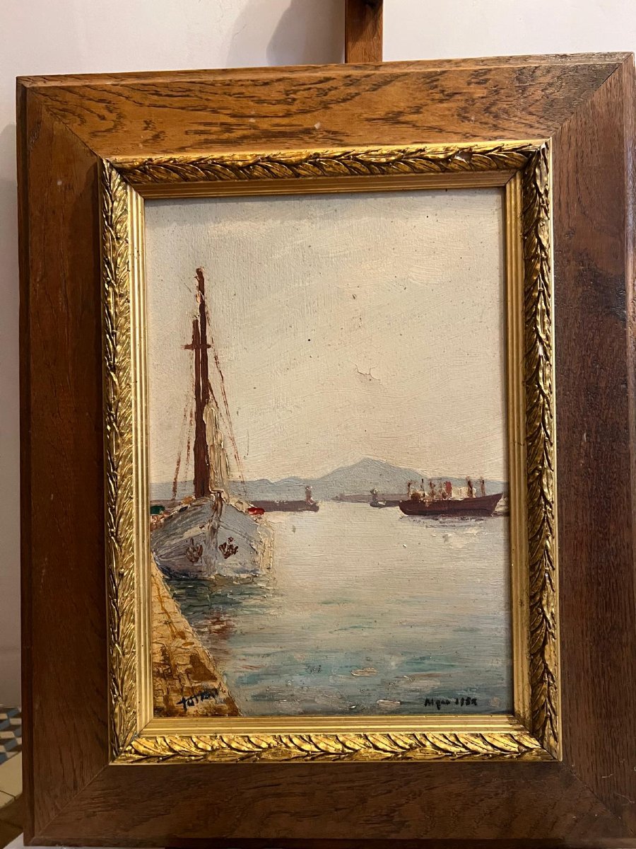 Painting Port Of Algiers Signed Illegible Oil On Cardboard. -photo-1
