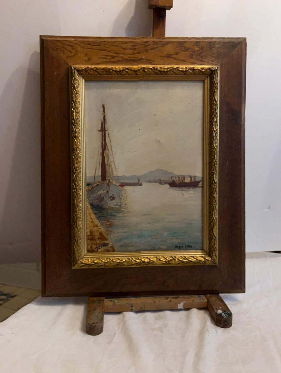 Painting Port Of Algiers Signed Illegible Oil On Cardboard. -photo-2