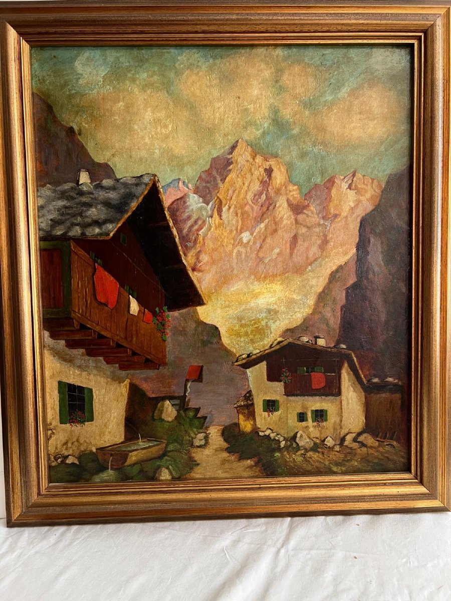 Painting Mountains Plus Chalets Oil On Plywood. -photo-3
