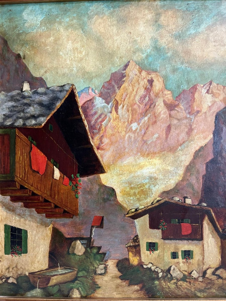 Painting Mountains Plus Chalets Oil On Plywood. -photo-2