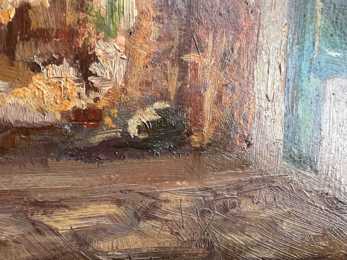 Painting View Of Garmich Parten - Kirchen Signed Illegible Bd Oil On Wood 20th Century. -photo-3