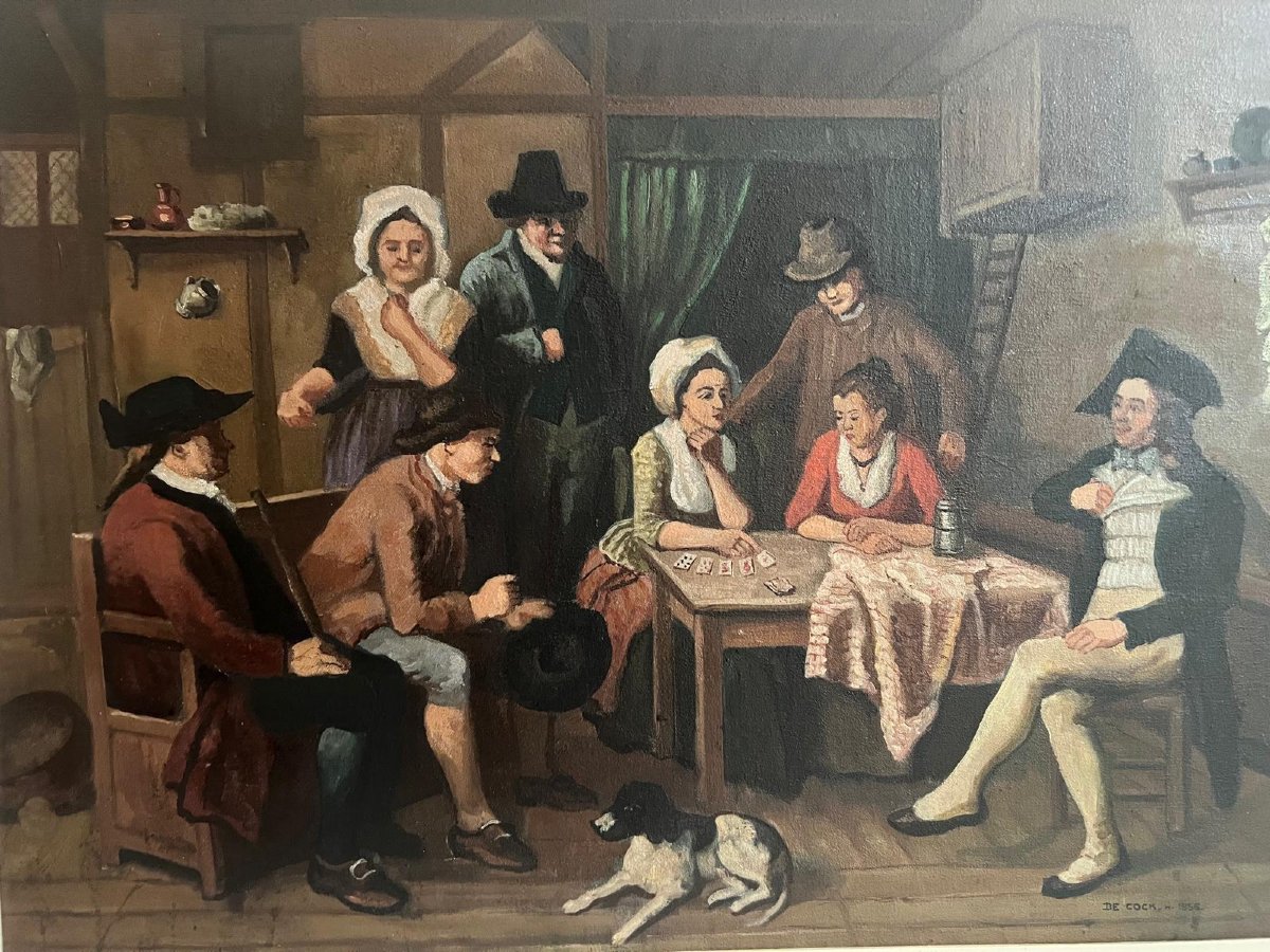 Painting Genre Scene Signed De Cock. H. 1956. Oil On Canvas. -photo-2