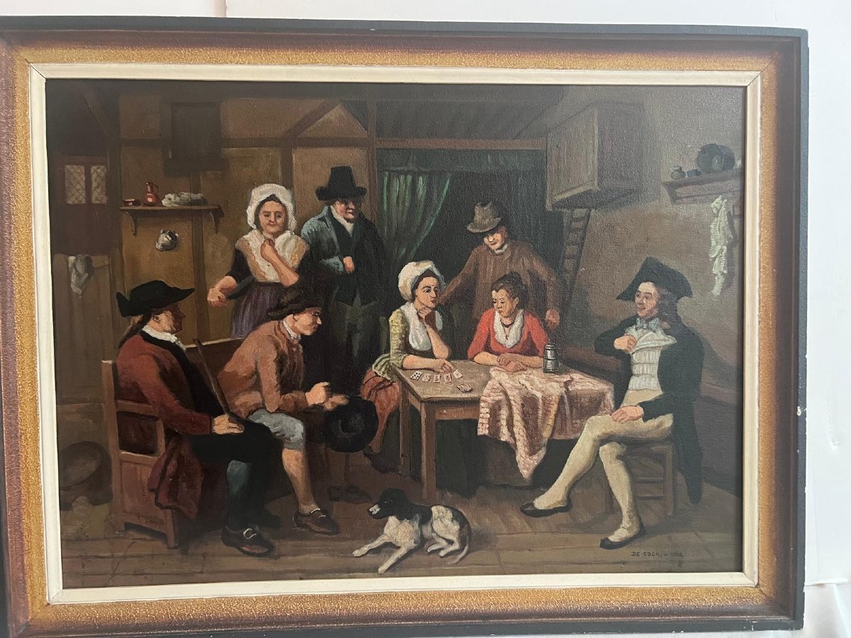 Painting Genre Scene Signed De Cock. H. 1956. Oil On Canvas. -photo-4