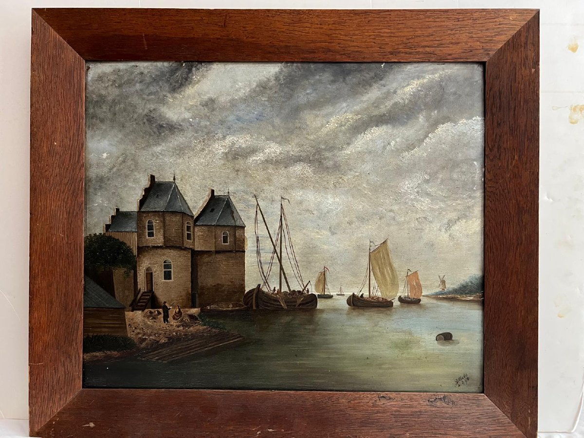 Tableau Signé Illisible, Paysage Maritime XlX ème. -photo-2