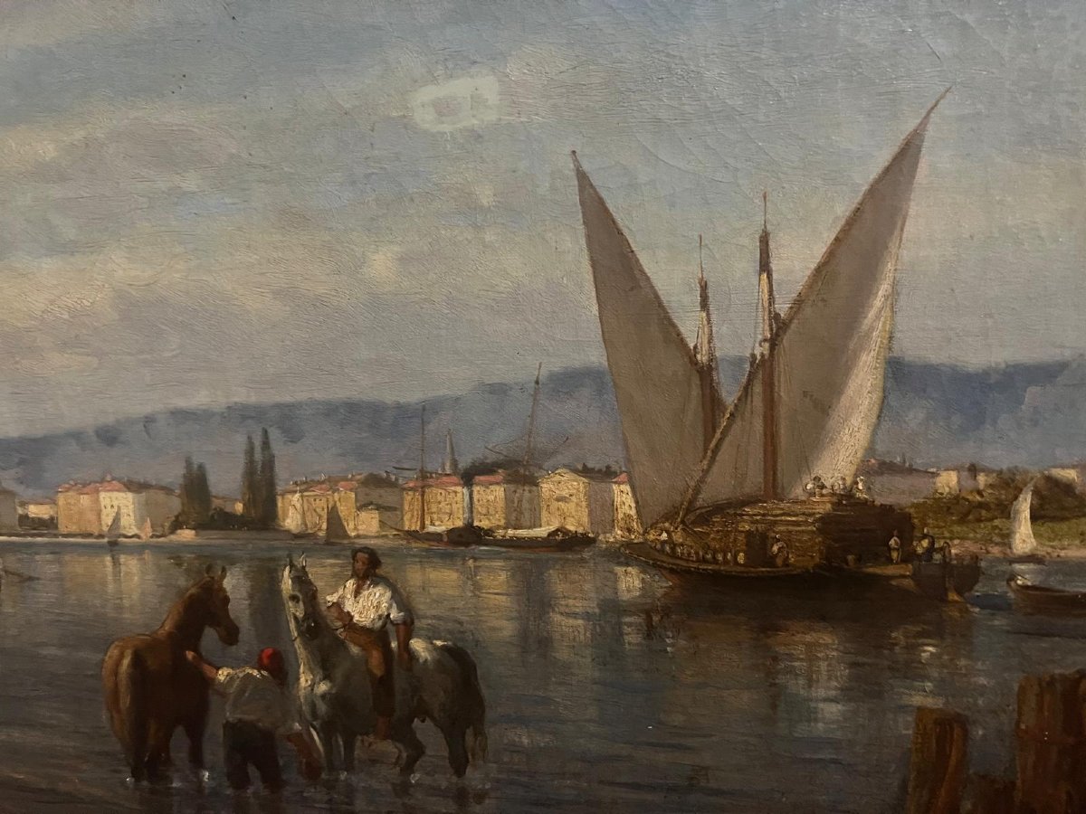 Painting Of An Animated Lake Landscape By Alphonse Nègre, Oil On Canvas, 19th Century. -photo-3