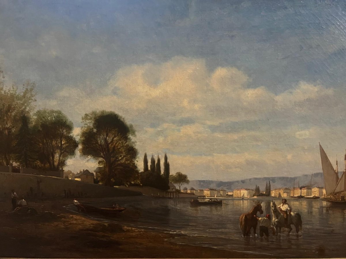 Painting Of An Animated Lake Landscape By Alphonse Nègre, Oil On Canvas, 19th Century. -photo-2