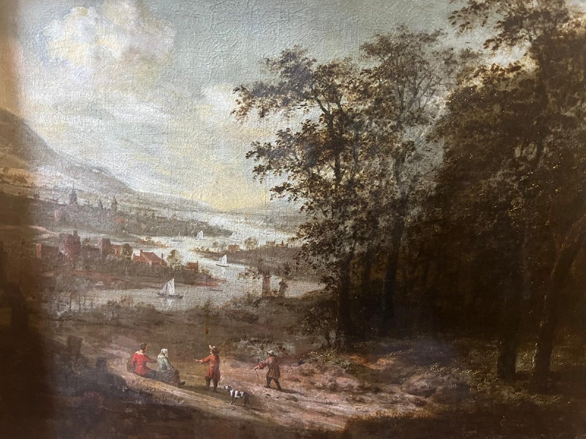 Lakeside Landscape Painting, Very Pretty Frame, French School. -photo-4
