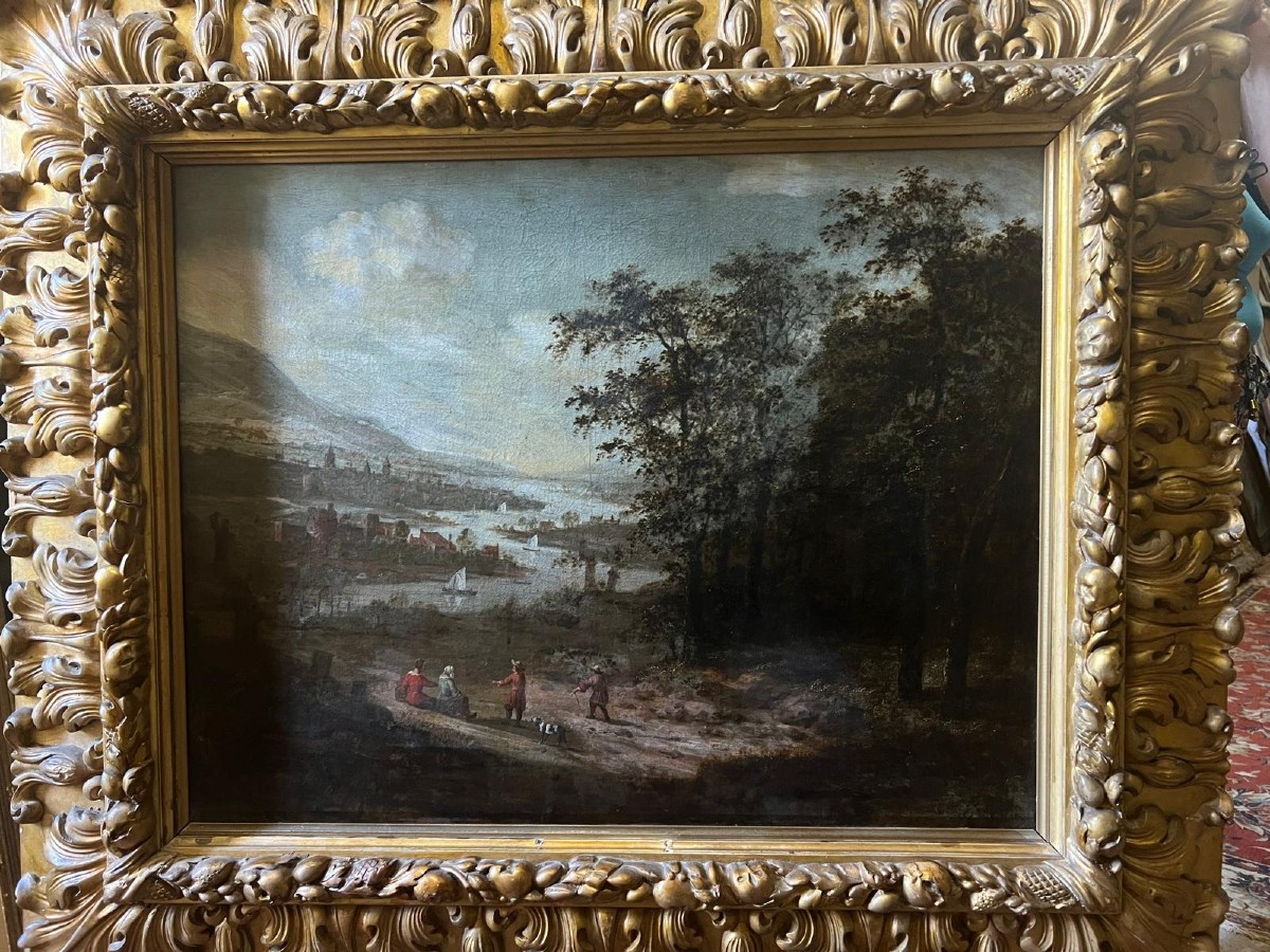 Lakeside Landscape Painting, Very Pretty Frame, French School. 