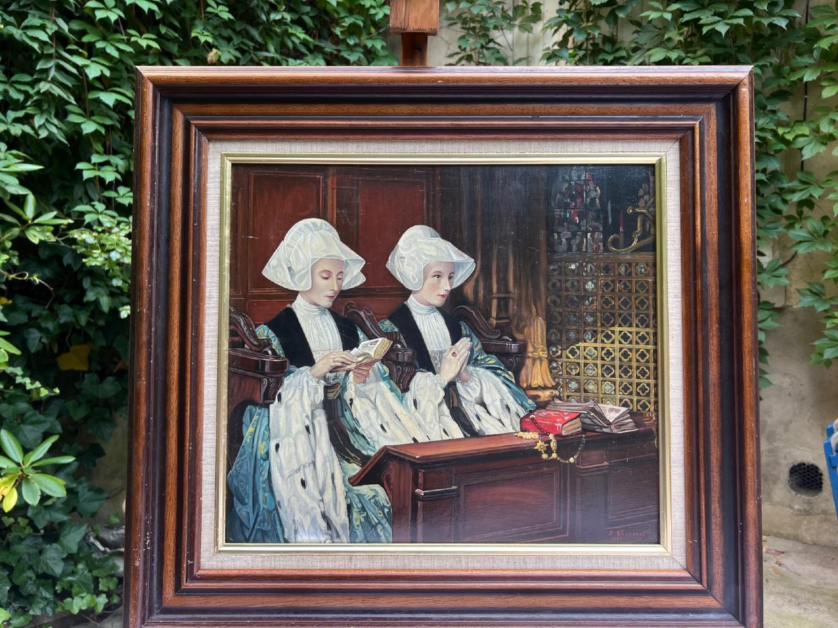 Tableau Bretone,  Prient  Signé  L.  THEVENOT.  Huile sur Panneau. 