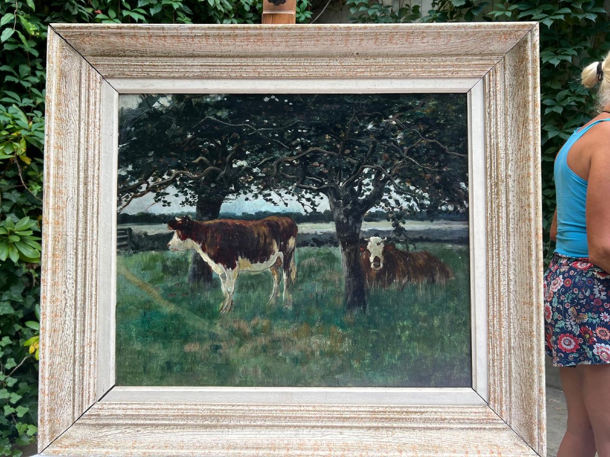 Tableau  Vaches dans  le Près Signé,  Émile  Van  Marck,  1875-1918,Huile sur bois. -photo-4