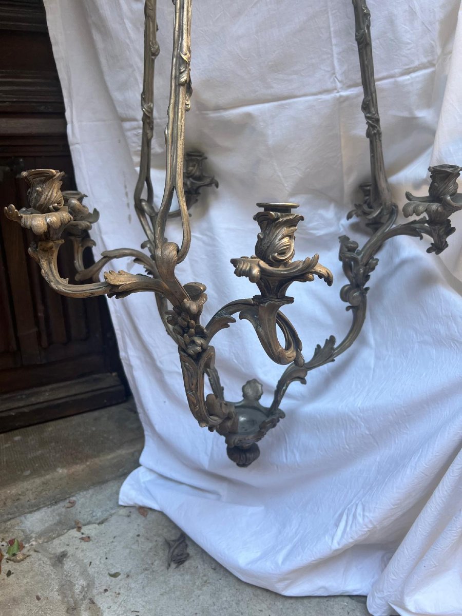 Lustre en Bronze  argenté  19ème  dans l'état , 6 Bougies,   jamais Électrifié  à Restaurer. -photo-2