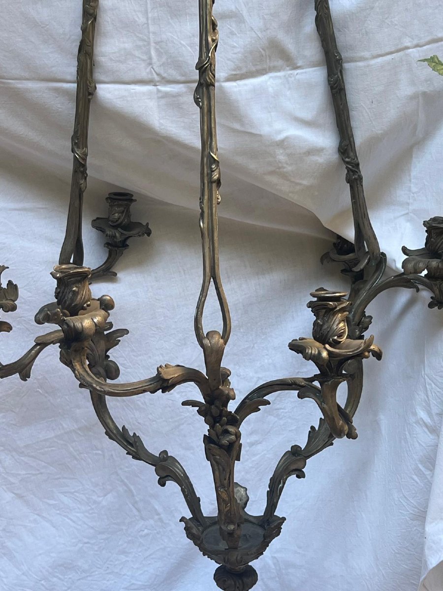 Lustre en Bronze  argenté  19ème  dans l'état , 6 Bougies,   jamais Électrifié  à Restaurer. -photo-1
