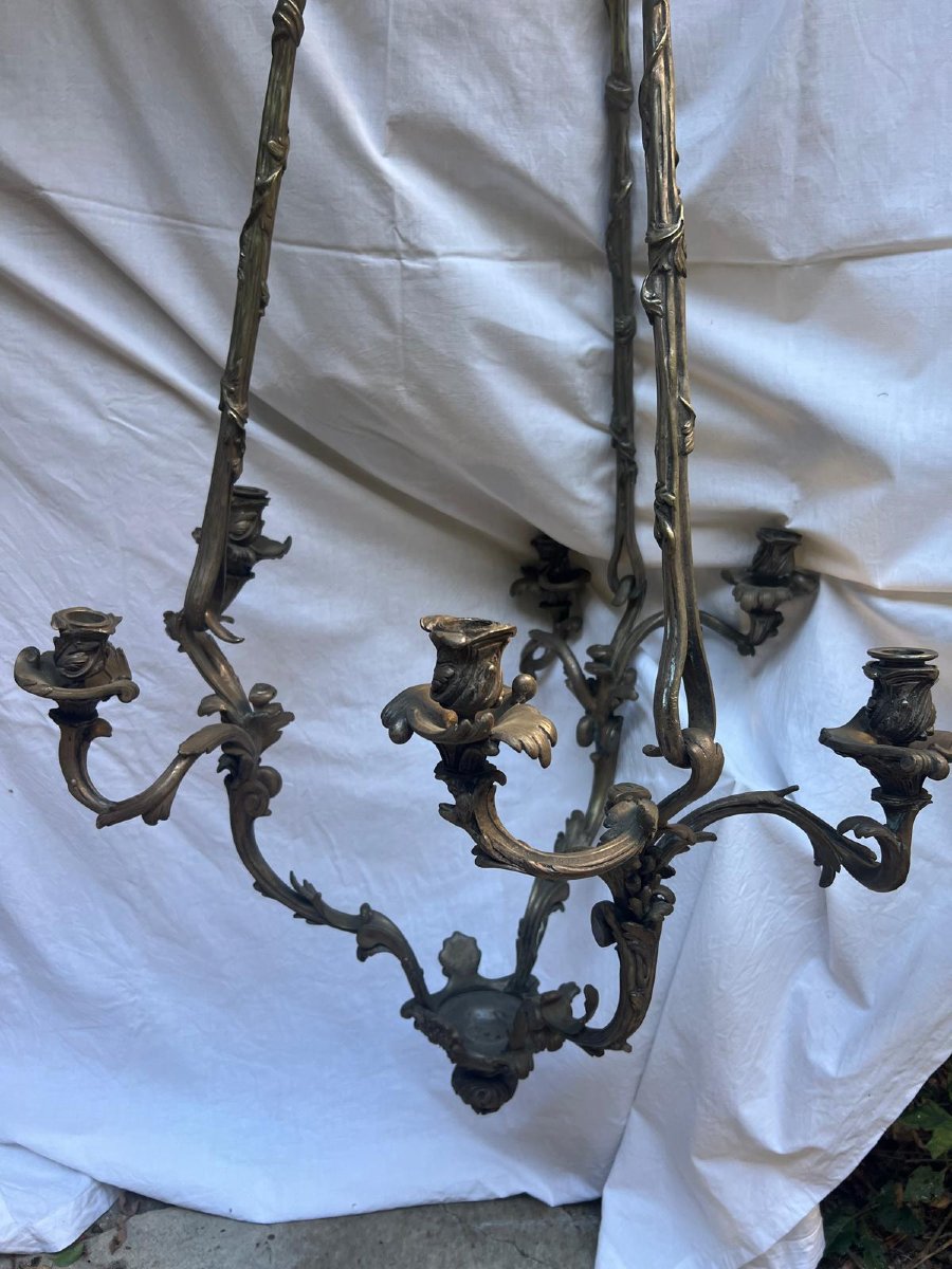 Lustre en Bronze  argenté  19ème  dans l'état , 6 Bougies,   jamais Électrifié  à Restaurer. -photo-3