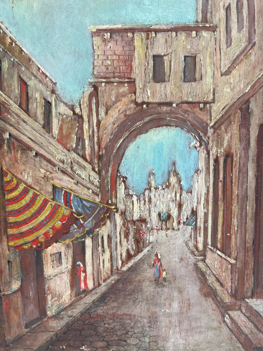 Tableau Orientaliste  rue  Animée, Huile sur bois. -photo-1