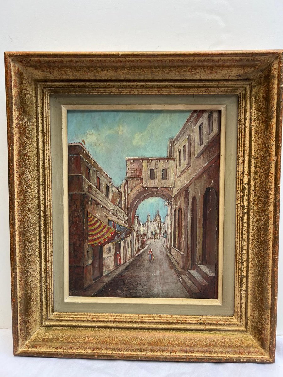 Tableau Orientaliste  rue  Animée, Huile sur bois. -photo-2