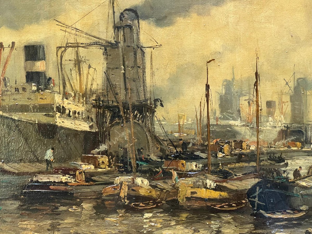 Painting Of A Port With Various Boats Signed Illegibly. -photo-2