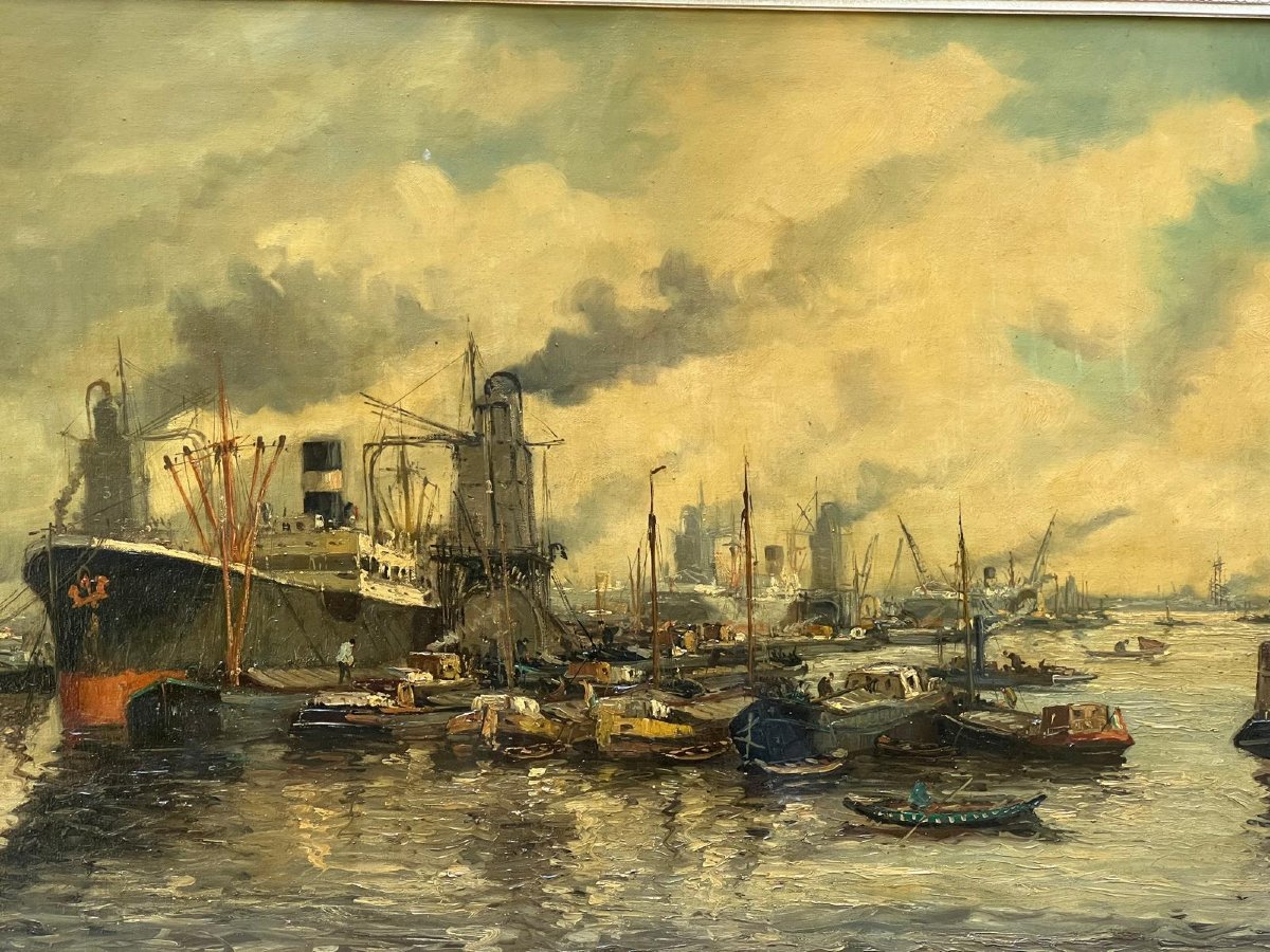 Painting Of A Port With Various Boats Signed Illegibly. -photo-3